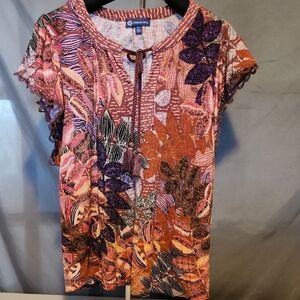 Democracy Orange and Pink Graphic Tie Front Blouse